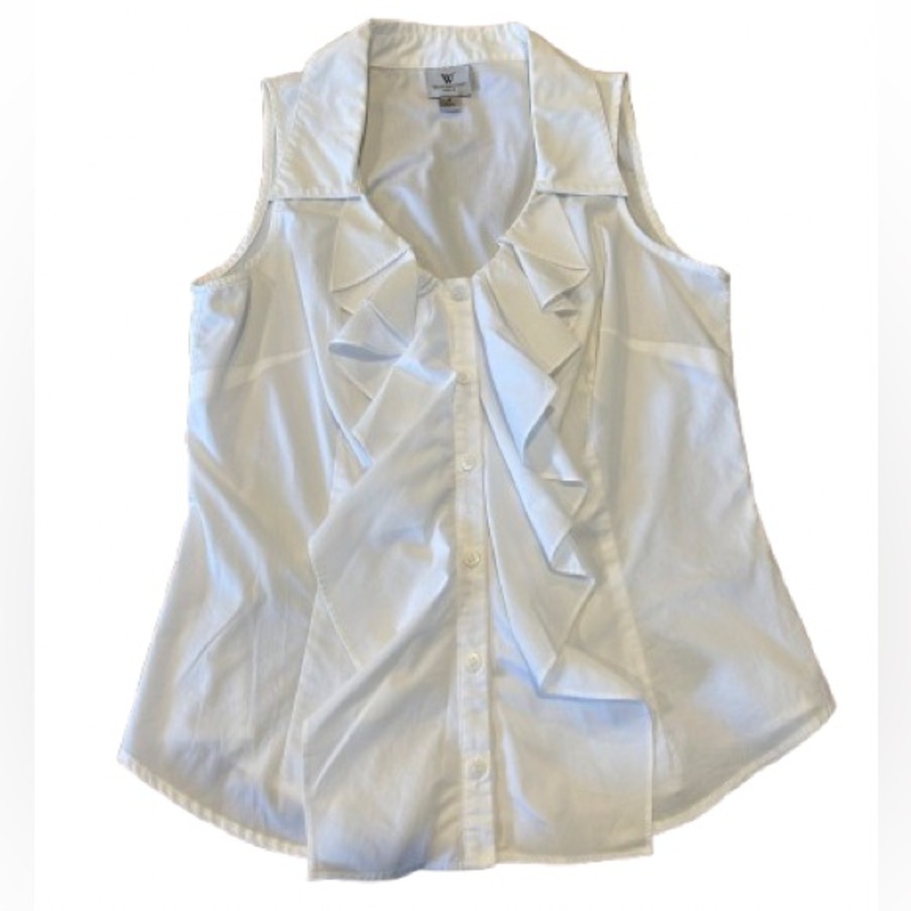 Worthington White Ruffle Botton Down Blouse Size Medium